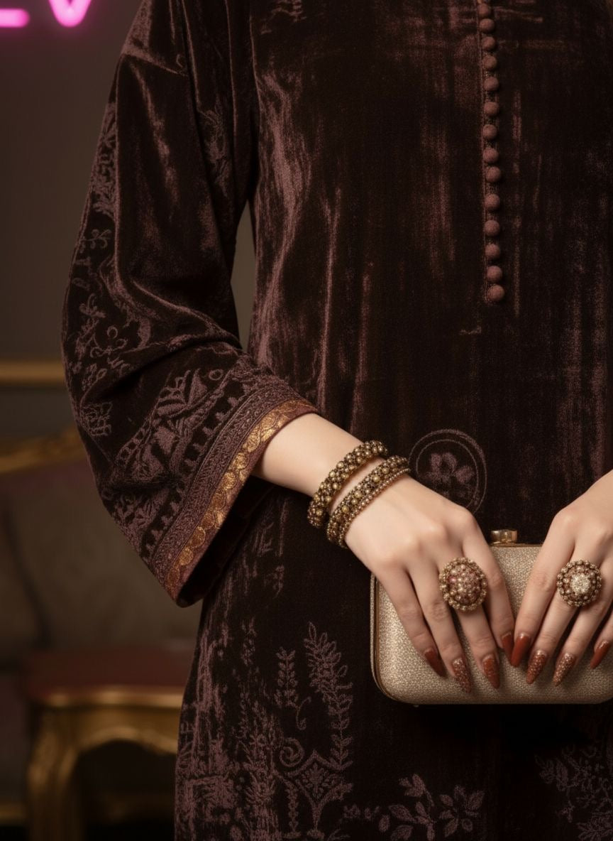 Reema Brown French Velvet 2 Pcs Dress with Palachi work