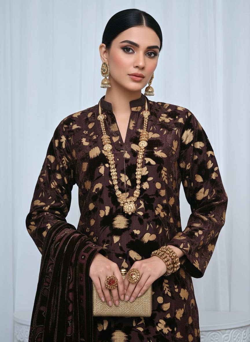 Full Brown Palachi Velvet Dress with Palachi Shawl and Velvet Trouser