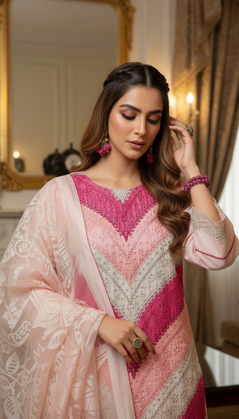 Rhea Pink Full chikankari Embroidered Dress with Jacquard dopatta
