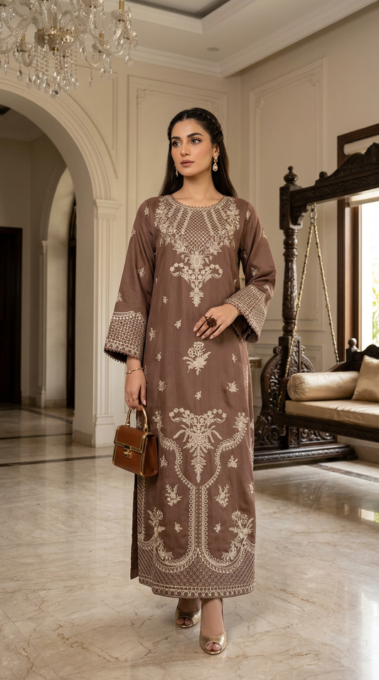 Nisa Dusty Pink Fully Embroidered 2 Pcs Viscose Kaftan