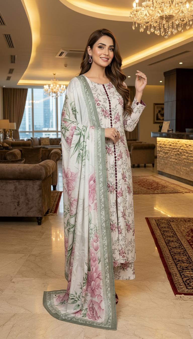 Elan Ready to Wear 3 Pcs Linen Dress with Silk dopatta
