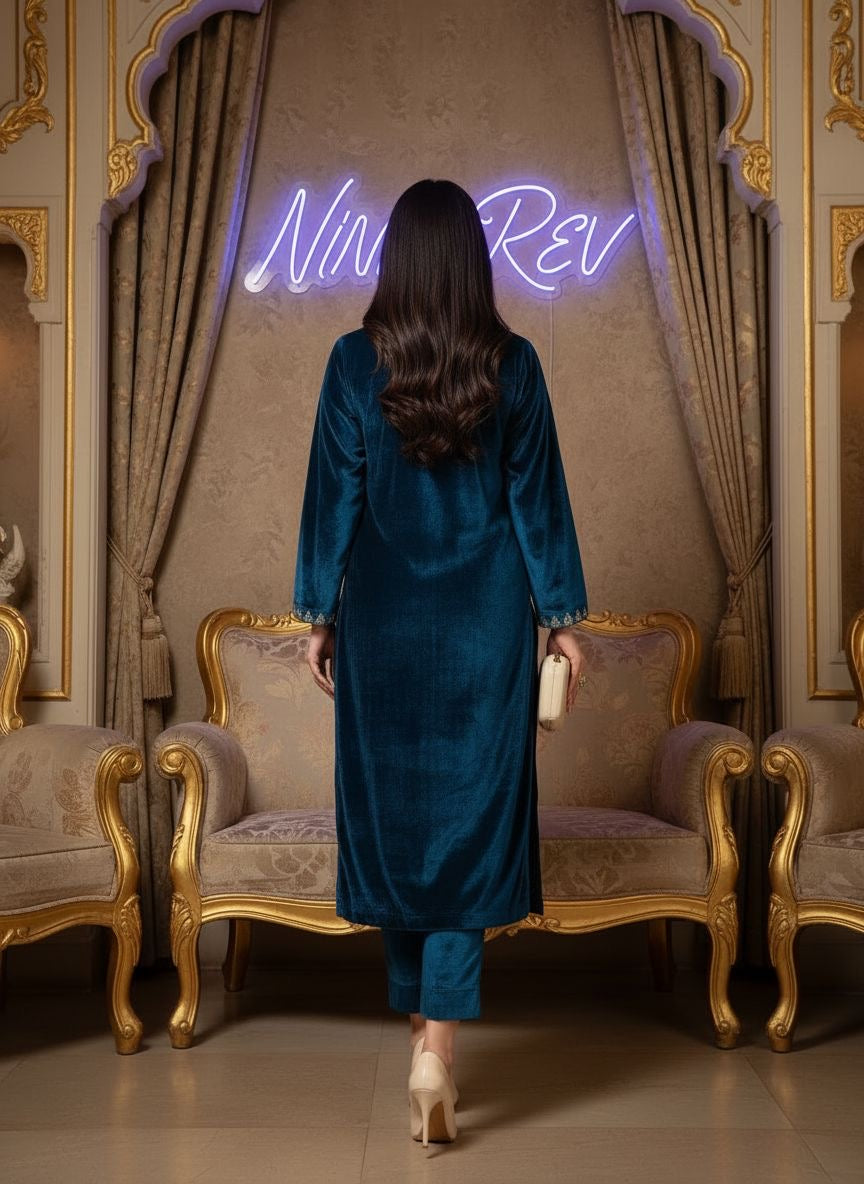 Husna Teal Velvet Ready to Wear 2 pcs Dress