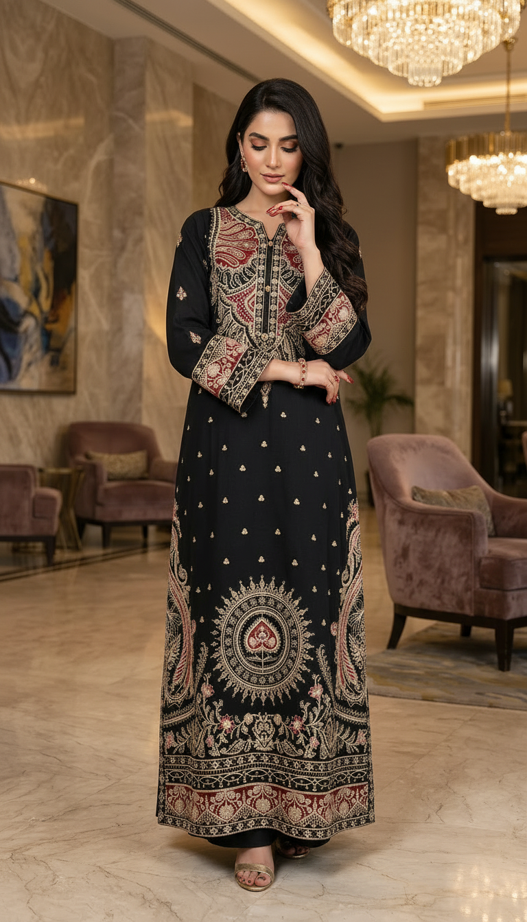 Mahrani Black Ready to Wear 2 Pcs Embroidered Kaftan