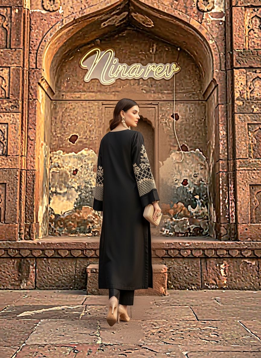 Merab Black Ready to Wear 2 Pcs Embroidered Dress
