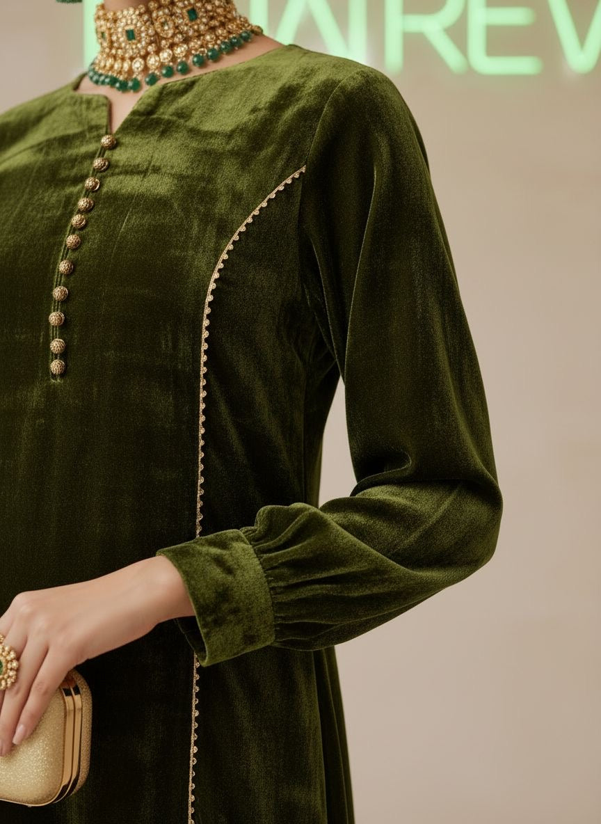 Green Velvet De Luxe Ready to Wear 2 Pcs Dress