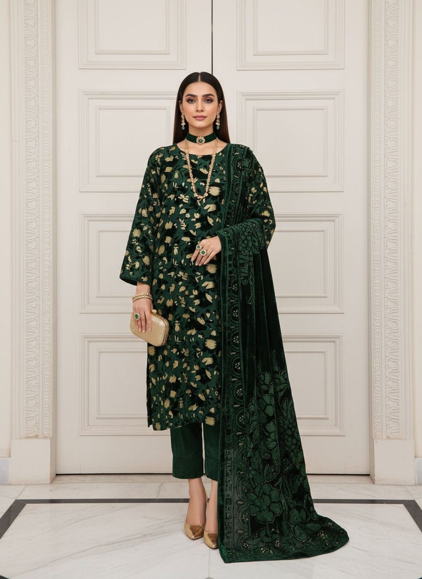 Full Green Palachi Velvet Dress with Palachi Shawl and Velvet Trouser