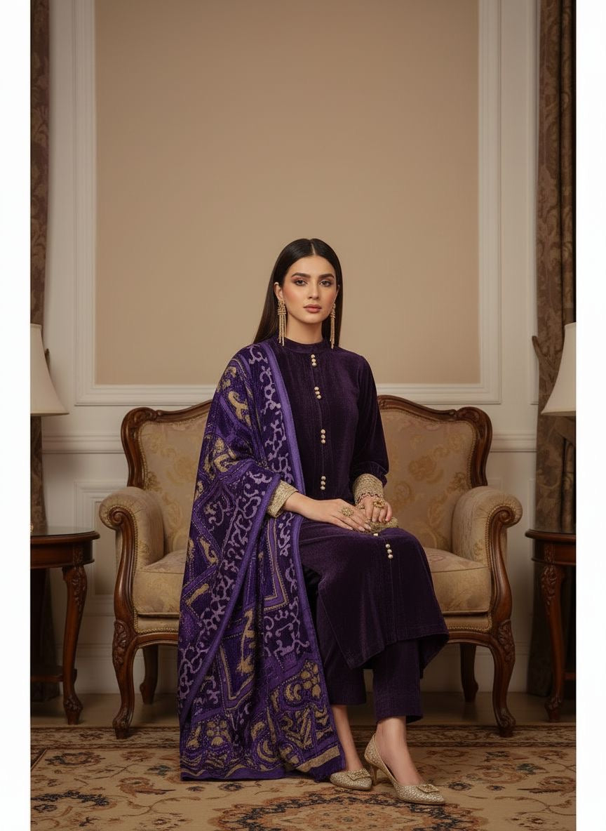 Purple Velvet De Luxe 3 Pcs Dress with Palachi shawl