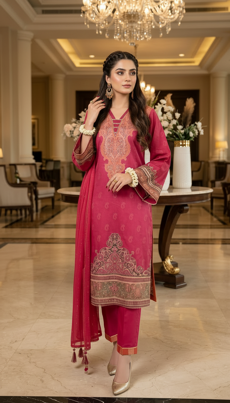 Resham Tussar Silk Ready to Wear 3 Pcs Dress
