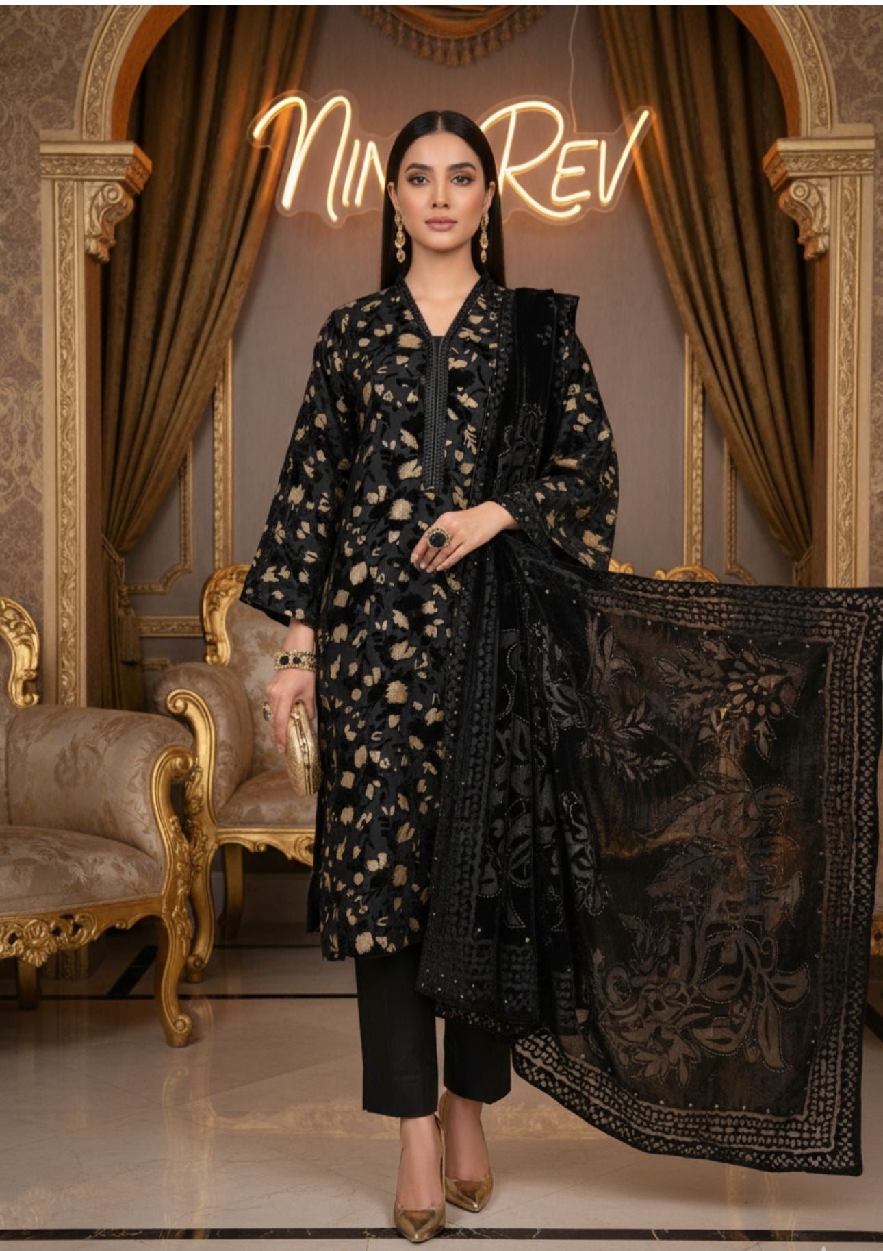 Full Black Palachi Velvet Dress with Palachi Shawl and Velvet Trouser
