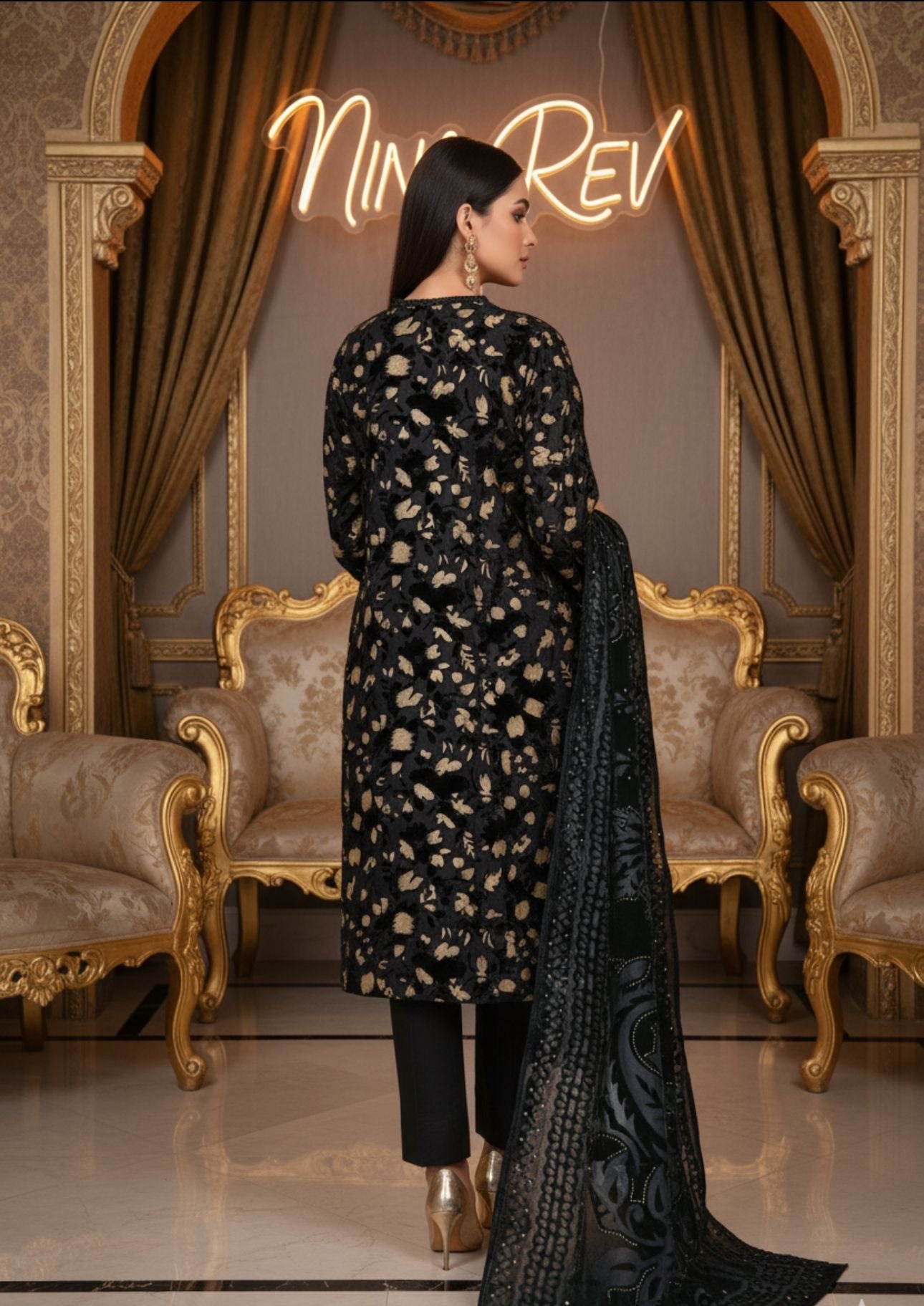 Full Black Palachi Velvet Dress with Palachi Shawl and Velvet Trouser