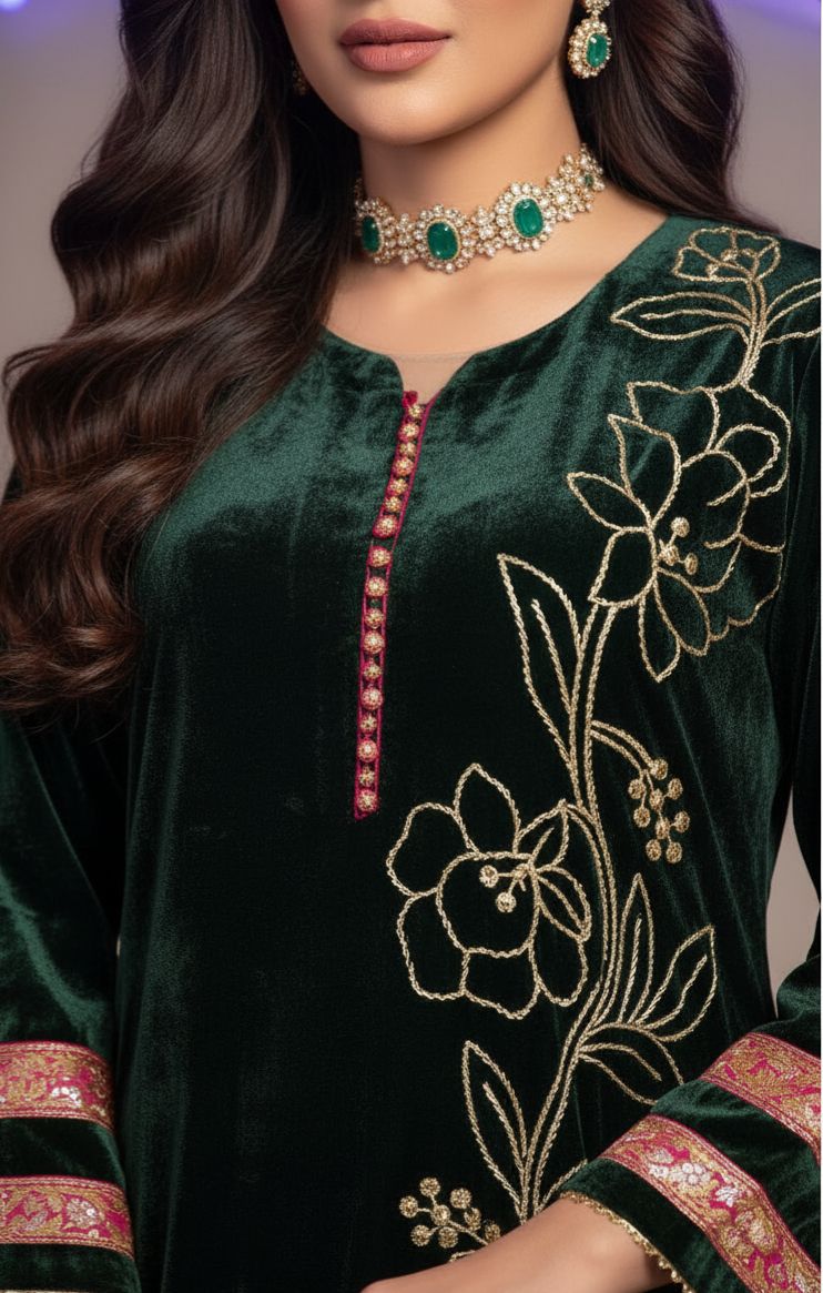 Karam Green Velvet Ready to Wear 2 Pcs Embroidered Dress