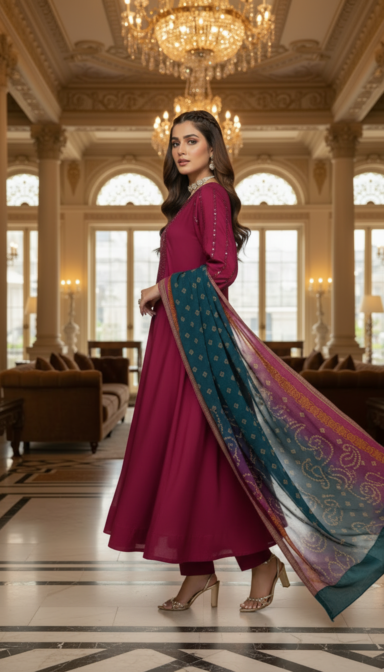 Tabeer Red Ready to Wear 3 Pcs Embroidered Dress