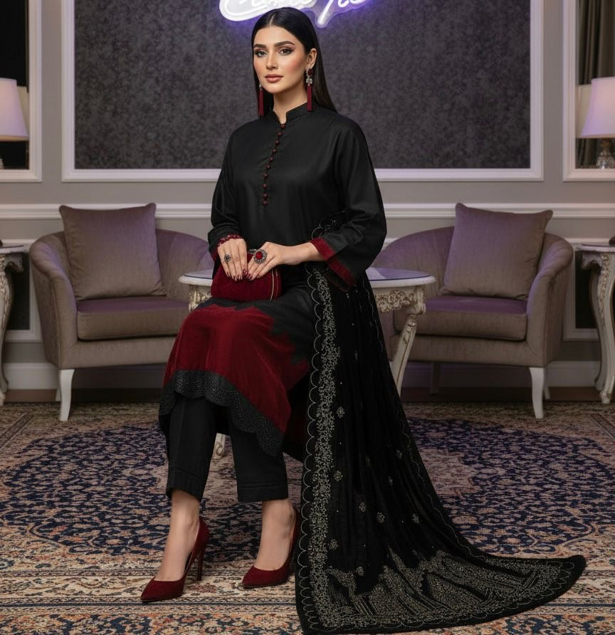 Kamli Black Ready to Wear 3 Pcs Dress With Velvet Shawl