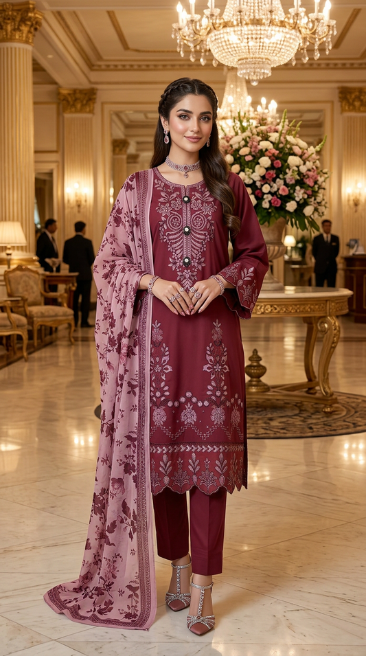 Kash pink Embroidered Ready to Wear 3 Pcs Dress with Chiffon dopatta