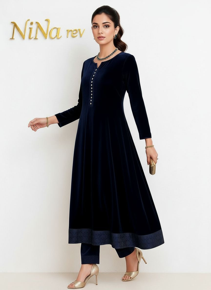 Regal Blue Velvet 2 Pcs Dress hi
