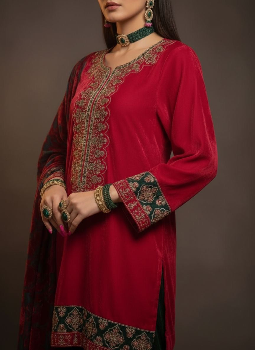 Laajh Red Velvet Ready to Wear 3 Pcs Embroidered Dress