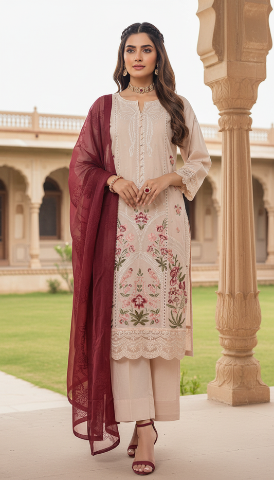 Tehzeeb pink Ready to Wear 3 Pcs Chikankari Dress