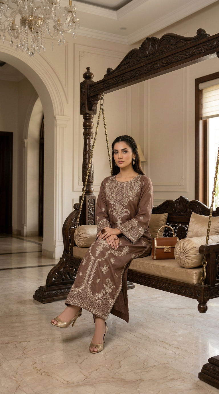 Nisa Dusty Pink Fully Embroidered 2 Pcs Viscose Kaftan