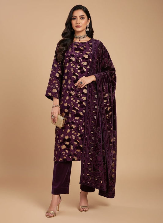 Full Purple Palachi Velvet Dress with Palachi Shawl and Velvet Trouser