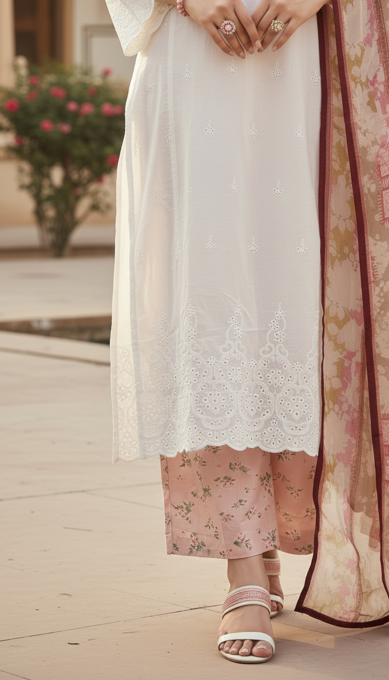 White Chikankari Embroidered 3 Pcs Dress with Chiffon dopatta