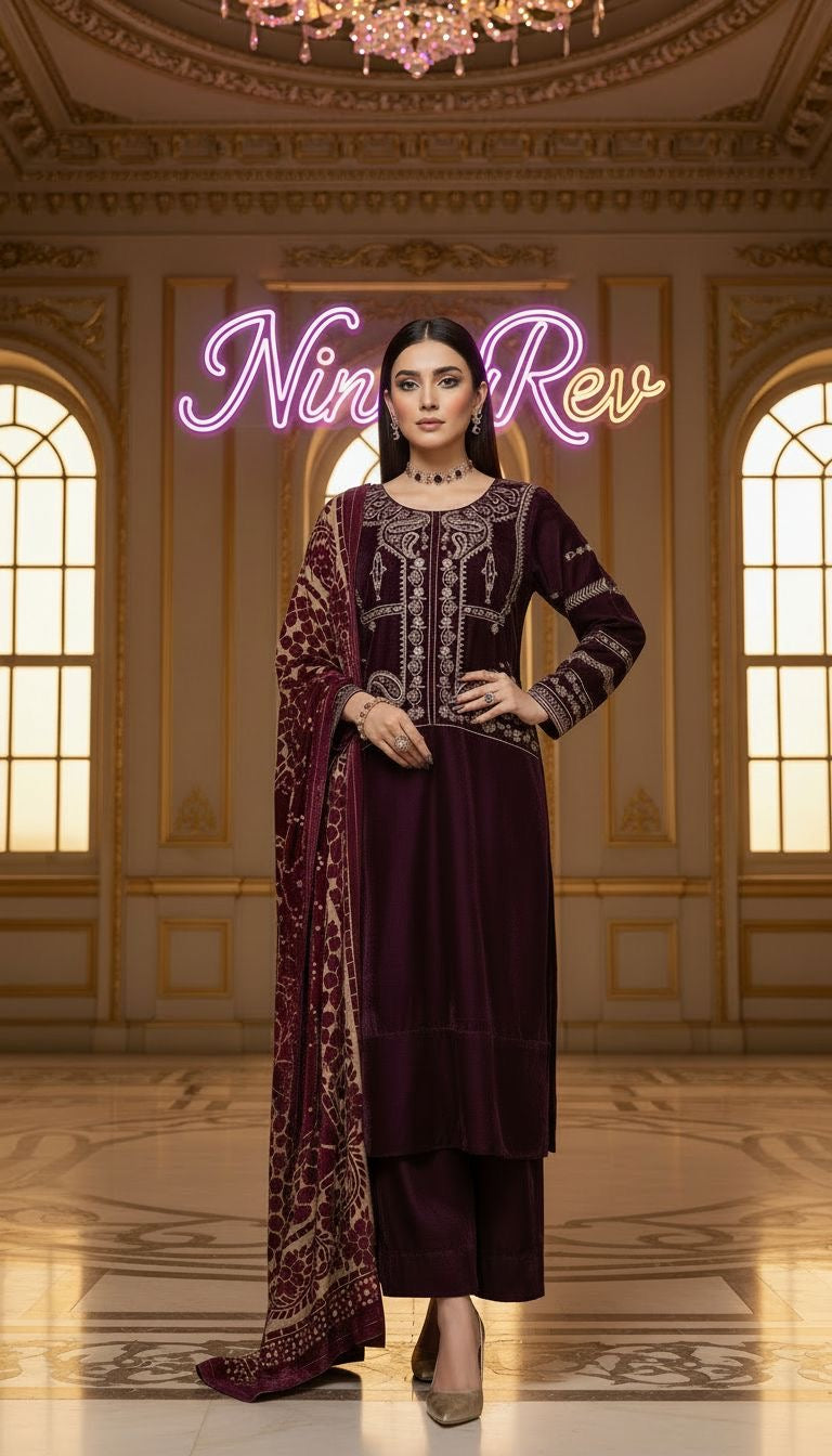 Mumtaz Velvet Embroidered 3 Pcs Dress with Palachi Shawl