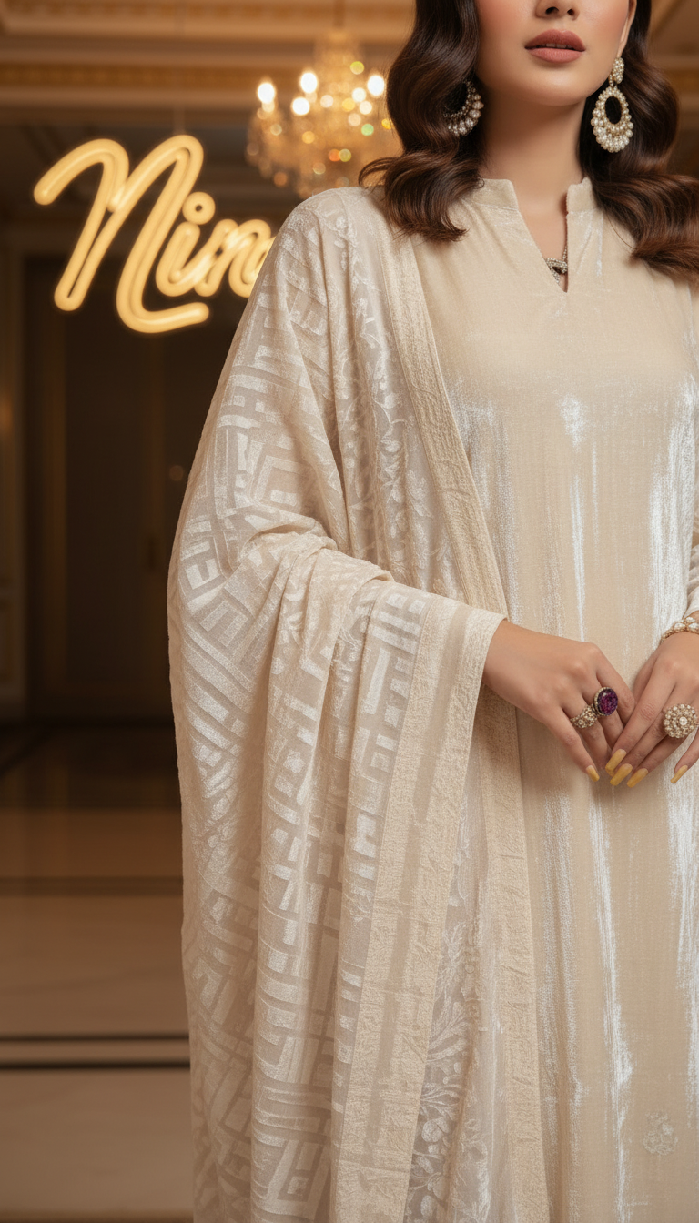 Serena Pearl French Velvet Ready to Wear 3 Pcs Dress with Velvet Shawl