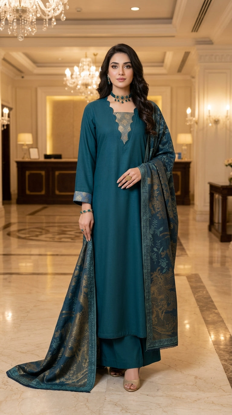 Sultana Teal Exclusive Kani Shawl 3 Pcs Dress
