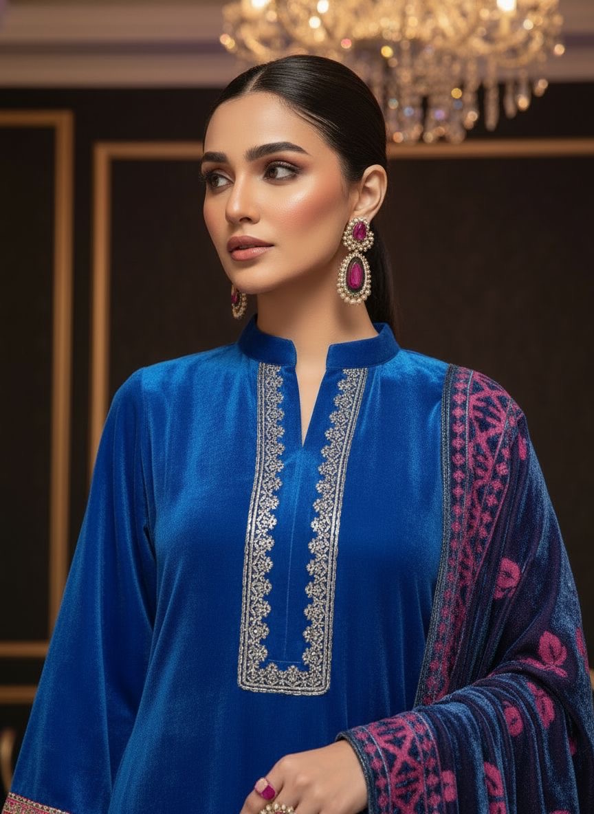 Royal Blue Embroidered Velvet 3 Pcs Dress with Palachi Shawl