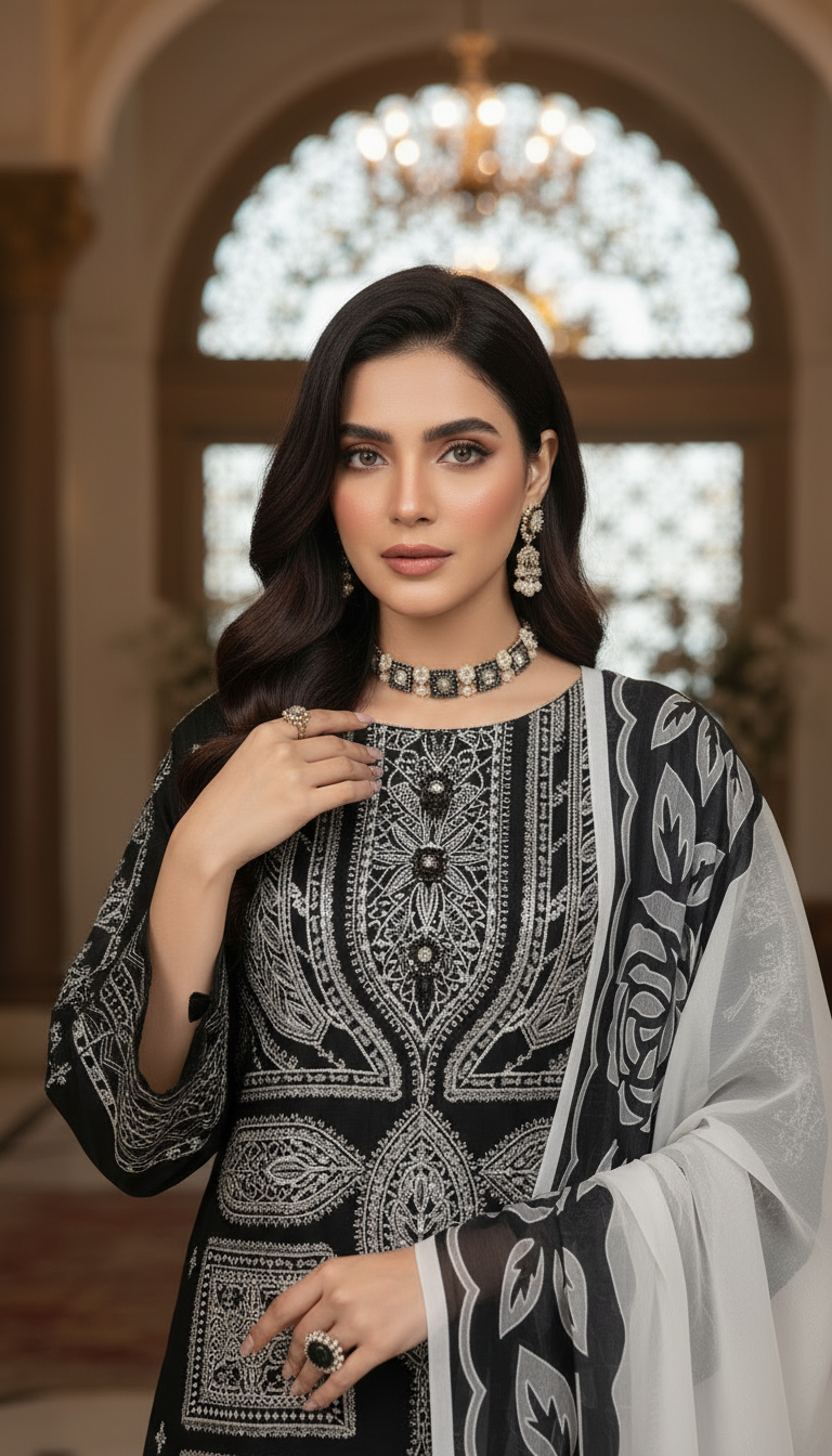 Black Purity Ready to Wear 3 Pcs Embroidered Dress