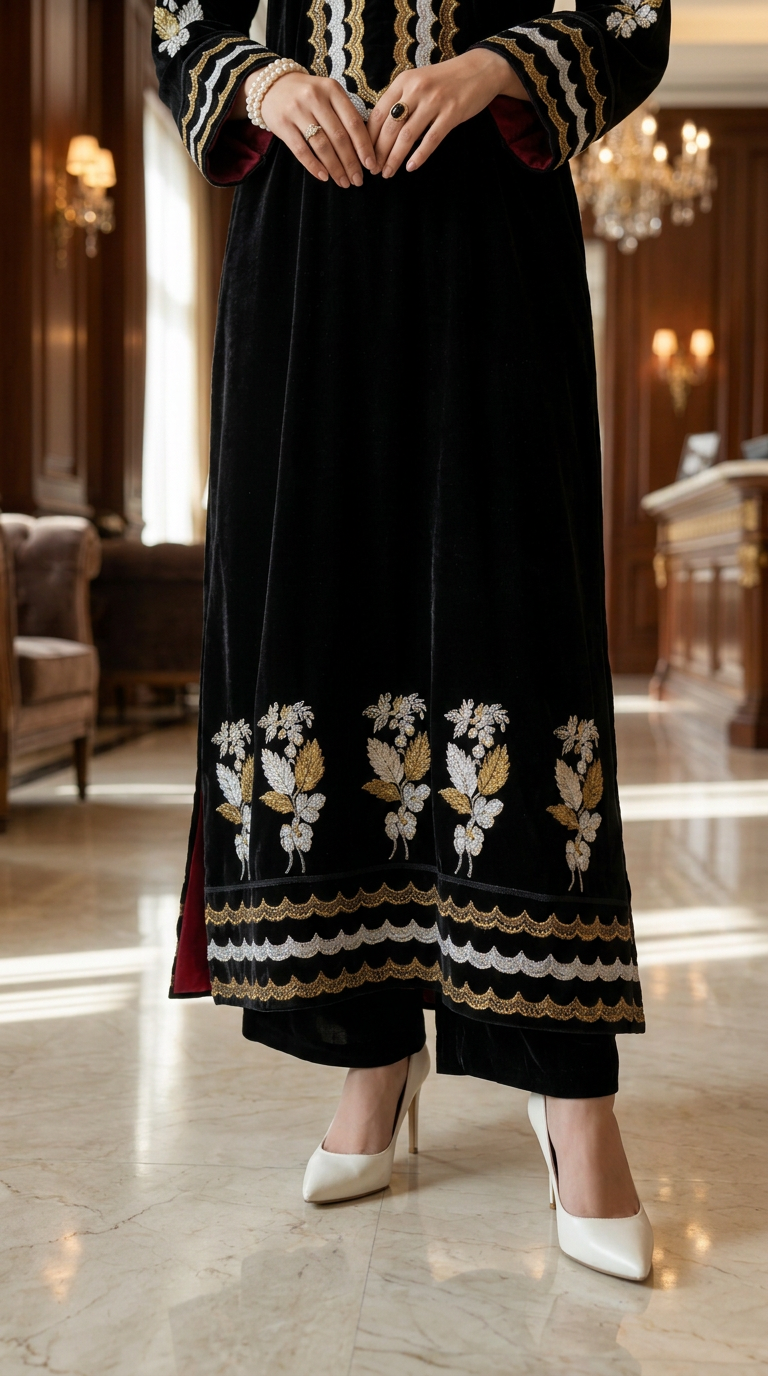 Ajea Velvet Ready to Wear 2 PCS Embroidered Dress