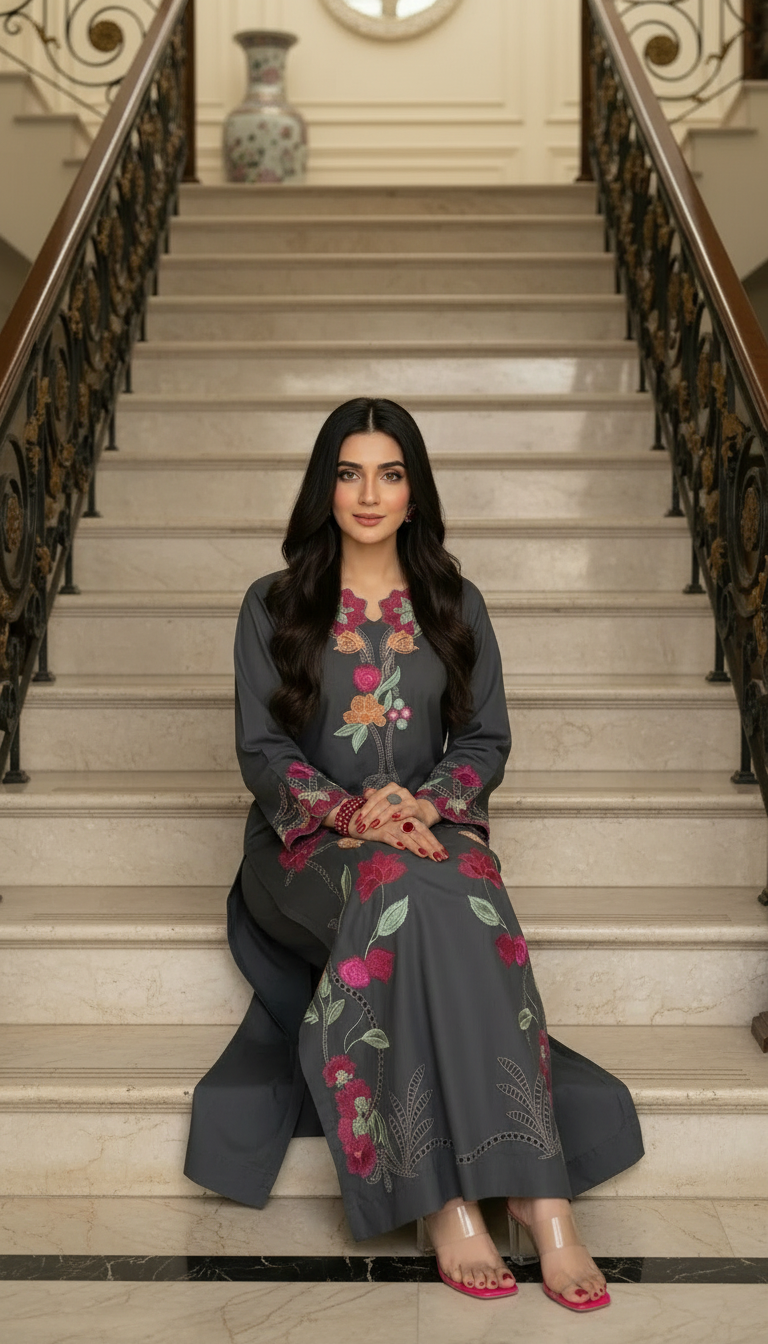 Grey Nirmala Ready to Wear 2 Pcs Embroidered Kaftan dress