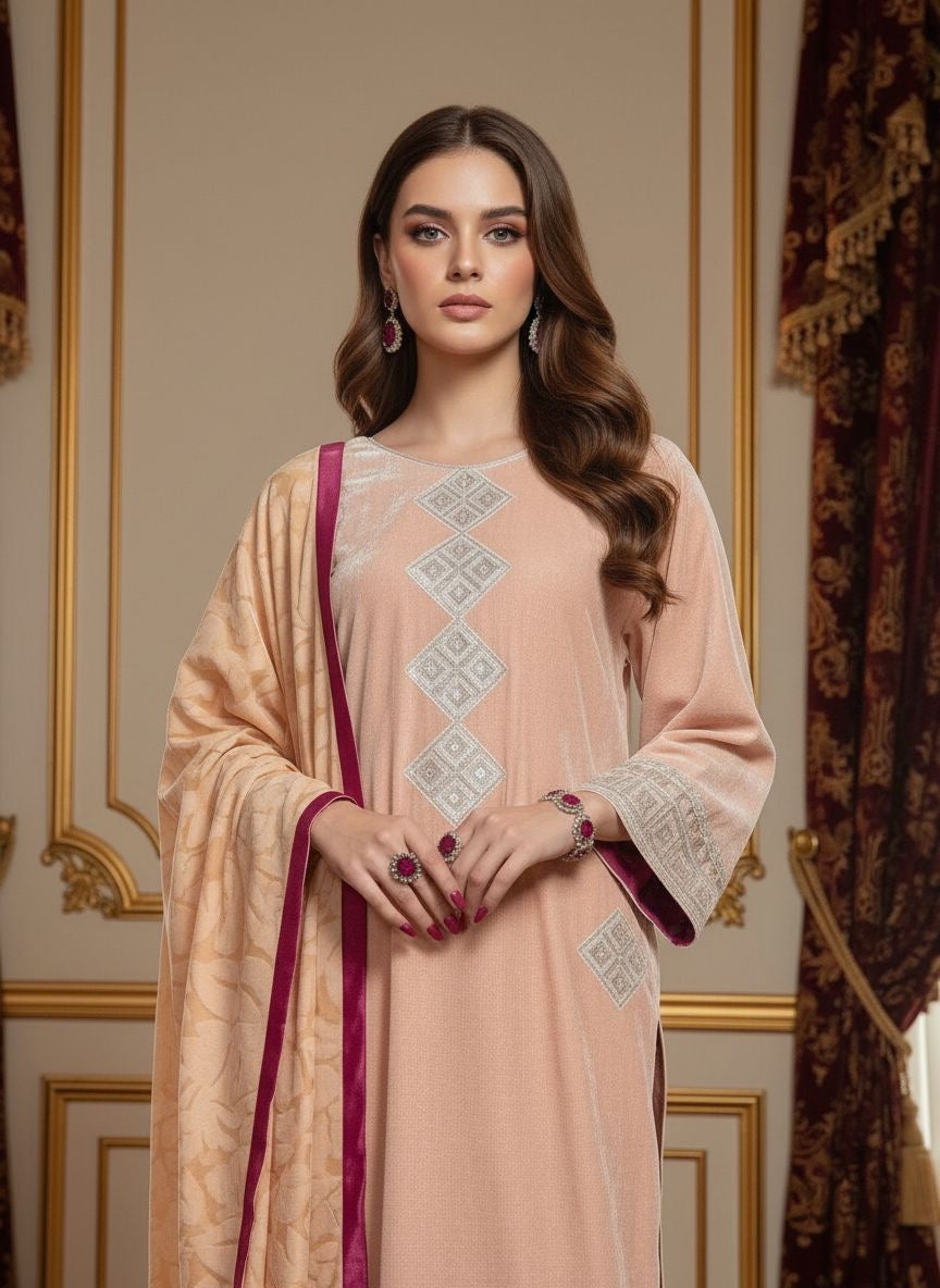 Pink Pearl Velvet 3 Pcs Embroidered Dress with Palachi Shawl