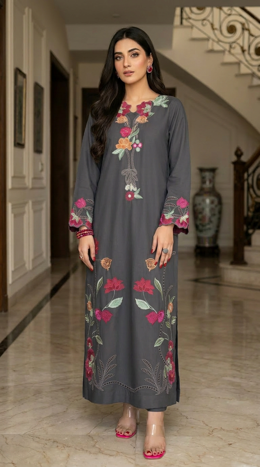 Grey Nirmala Ready to Wear 2 Pcs Embroidered Kaftan dress