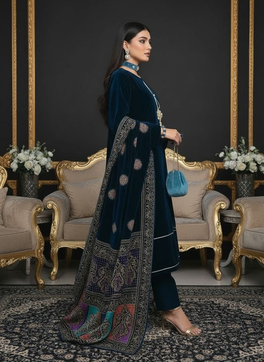 Areeba Teal Velvet Ready to Wear 3 Pcs Dress with Shawl