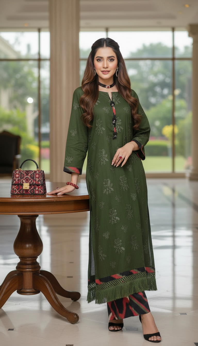Sasha Green chikankari Embroidered Dress with Crochet details