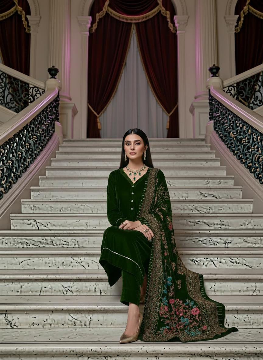 Shahkar Green Velvet Ready to Wear 3 Pcs Collection with Velvet Shawl