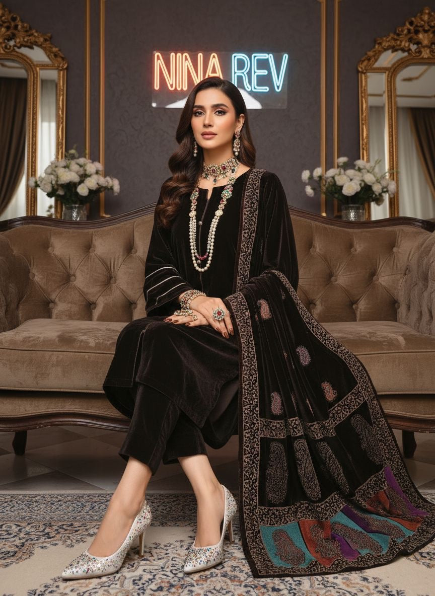 Raniyah Brown Velvet Ready to Wear 3 Pcs Dress