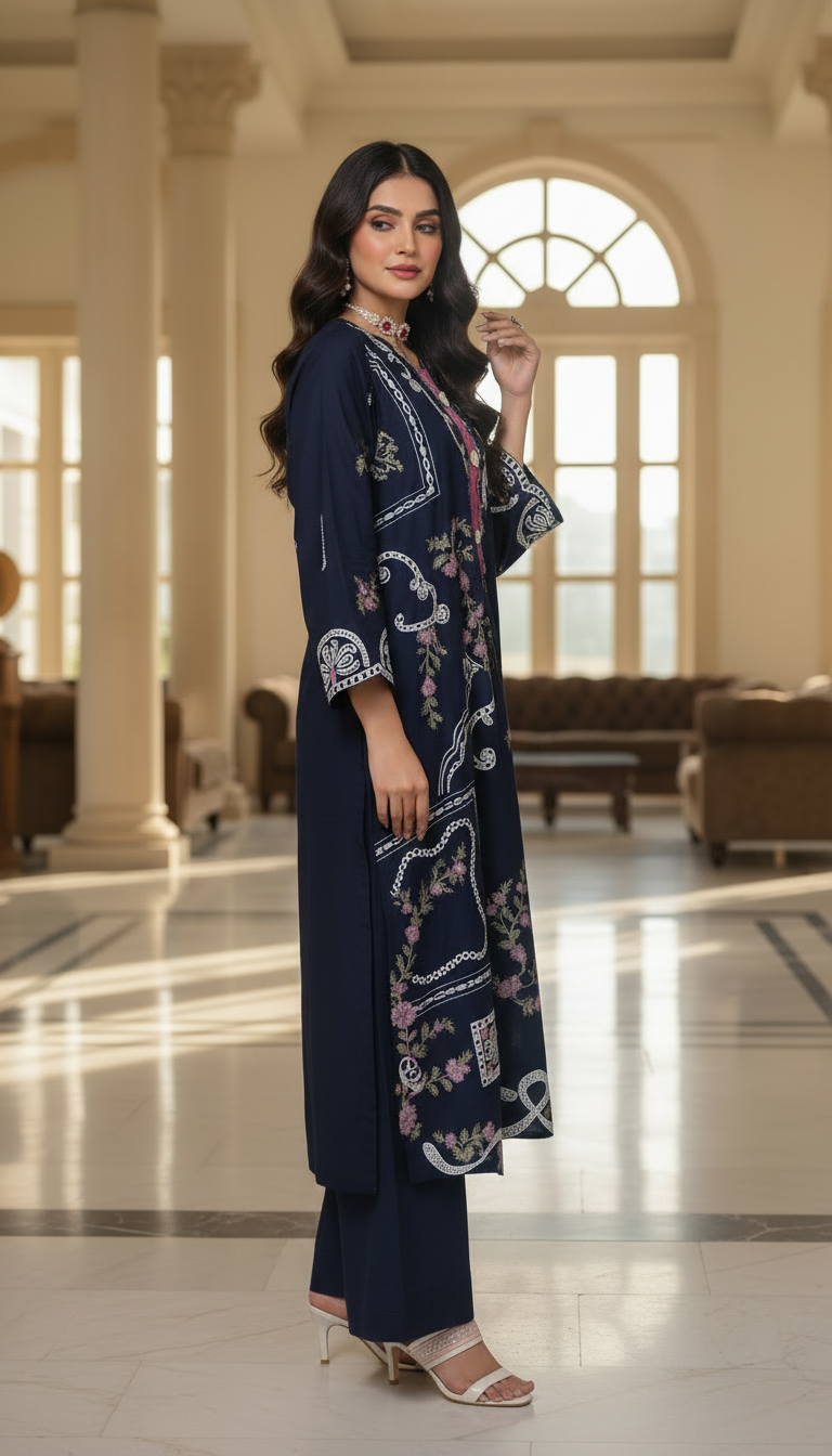 Afghan Navy Embroidered 2 Pcs Kaftan Dress