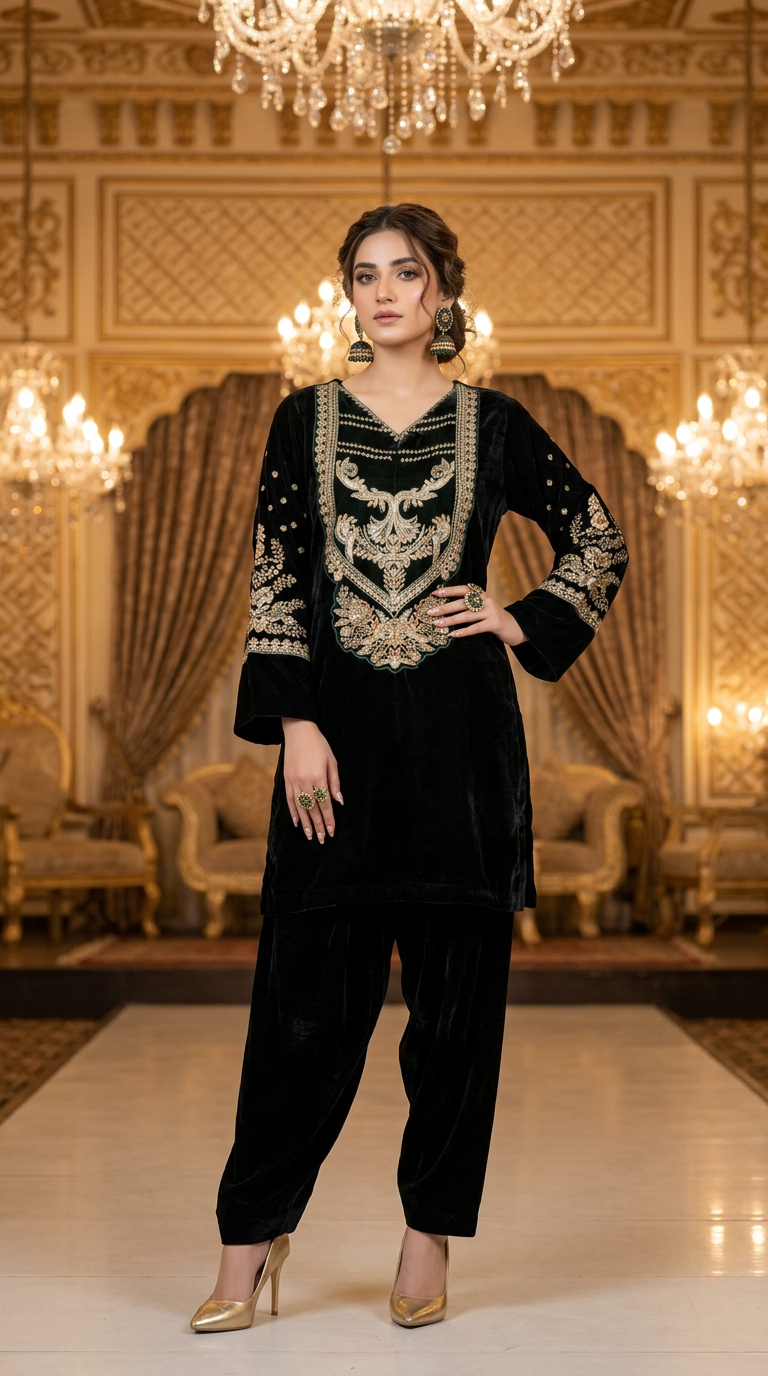 Saloni Ready to Wear 2 Pcs Velvet Embroidered Dress