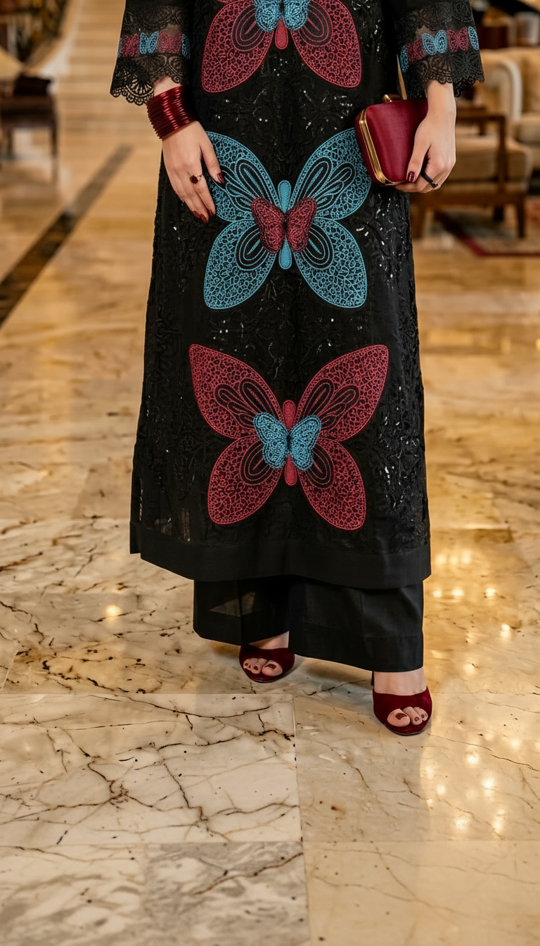Black Butterfly Fully Embroidered 2 Pcs Kaftan Dress