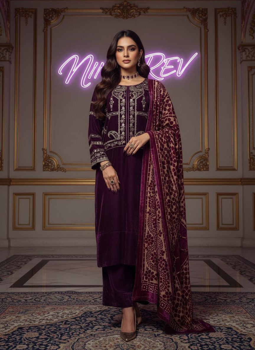 Mumtaz Velvet Embroidered 3 Pcs Dress with Palachi Shawl