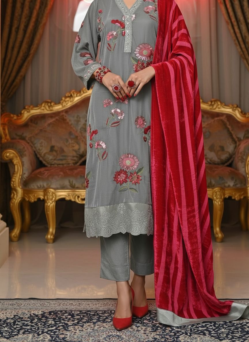 Nudrat Grey Velvet Ready to Wear 3 pcs Embroidered Dress with Palachi Shawl
