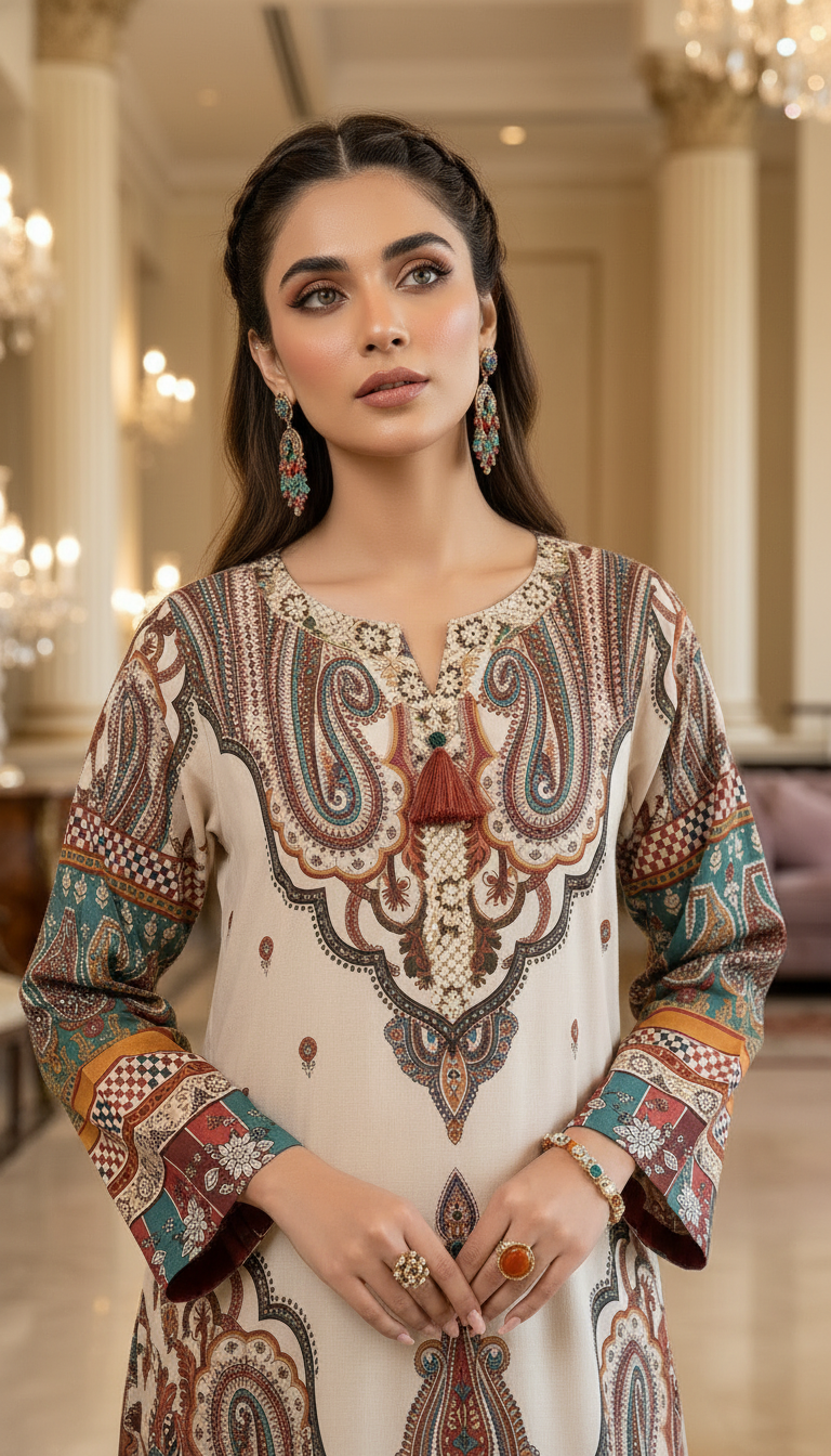 Iqsam Multicolour Linen Printed 2 Pcs Kaftan