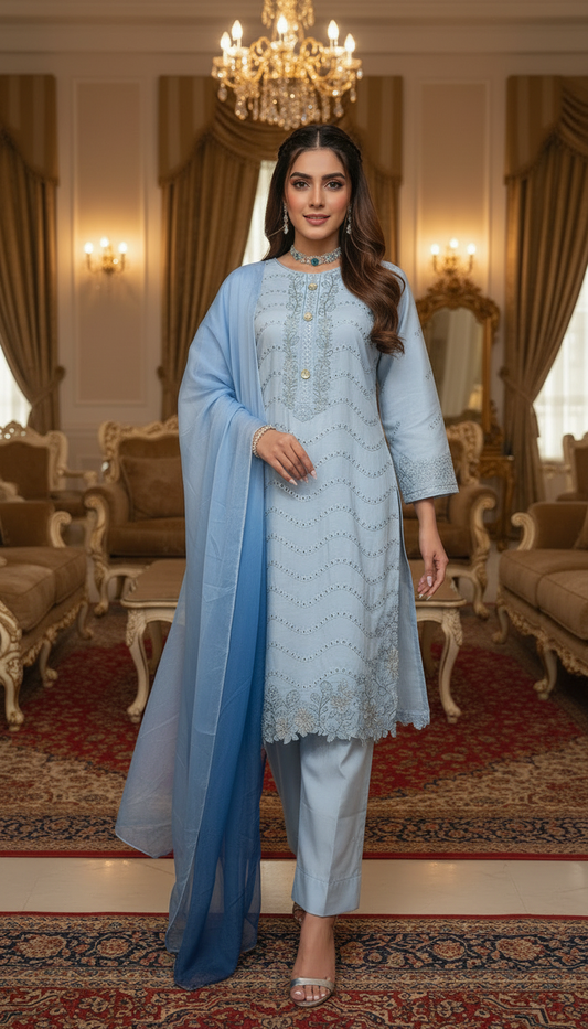 Sky Blue Chikankari Ready to Wear 3 Pcs Embroidered Dress