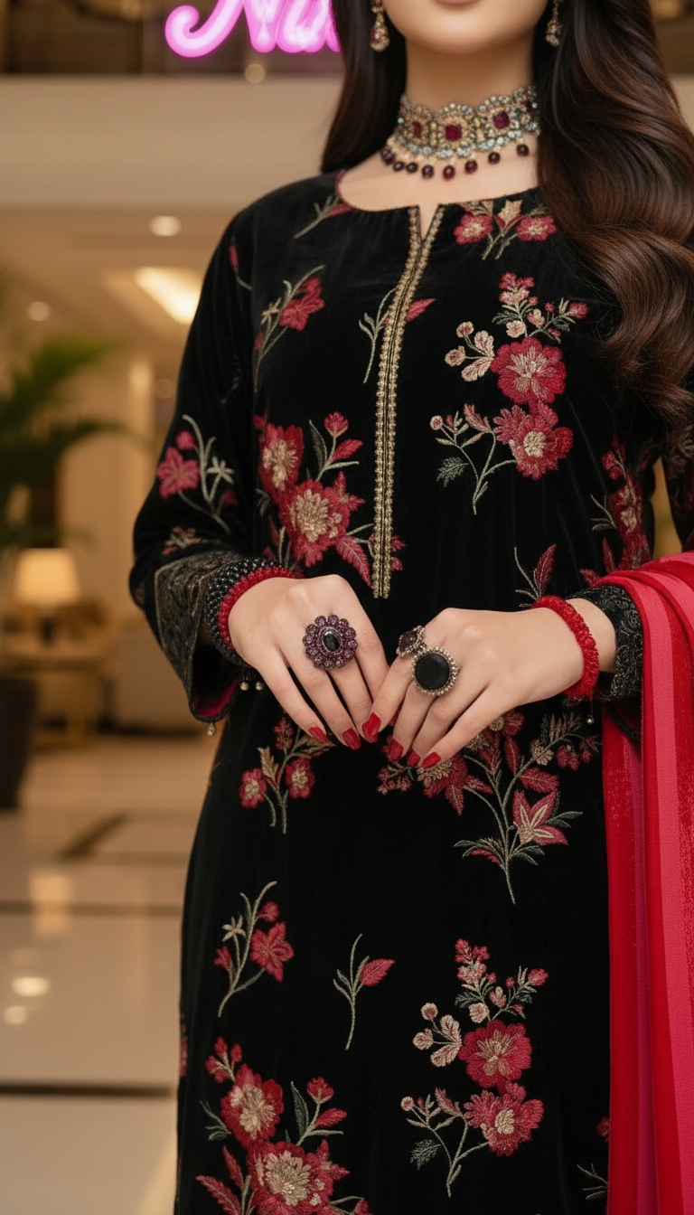 Black Shimmer Velvet Ready to Wear 3 Pcs Embroidered Dress