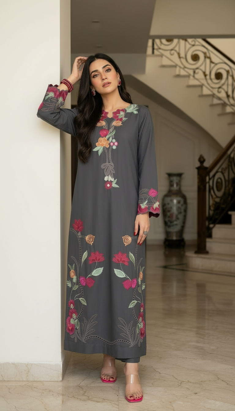 Grey Nirmala Ready to Wear 2 Pcs Embroidered Kaftan dress