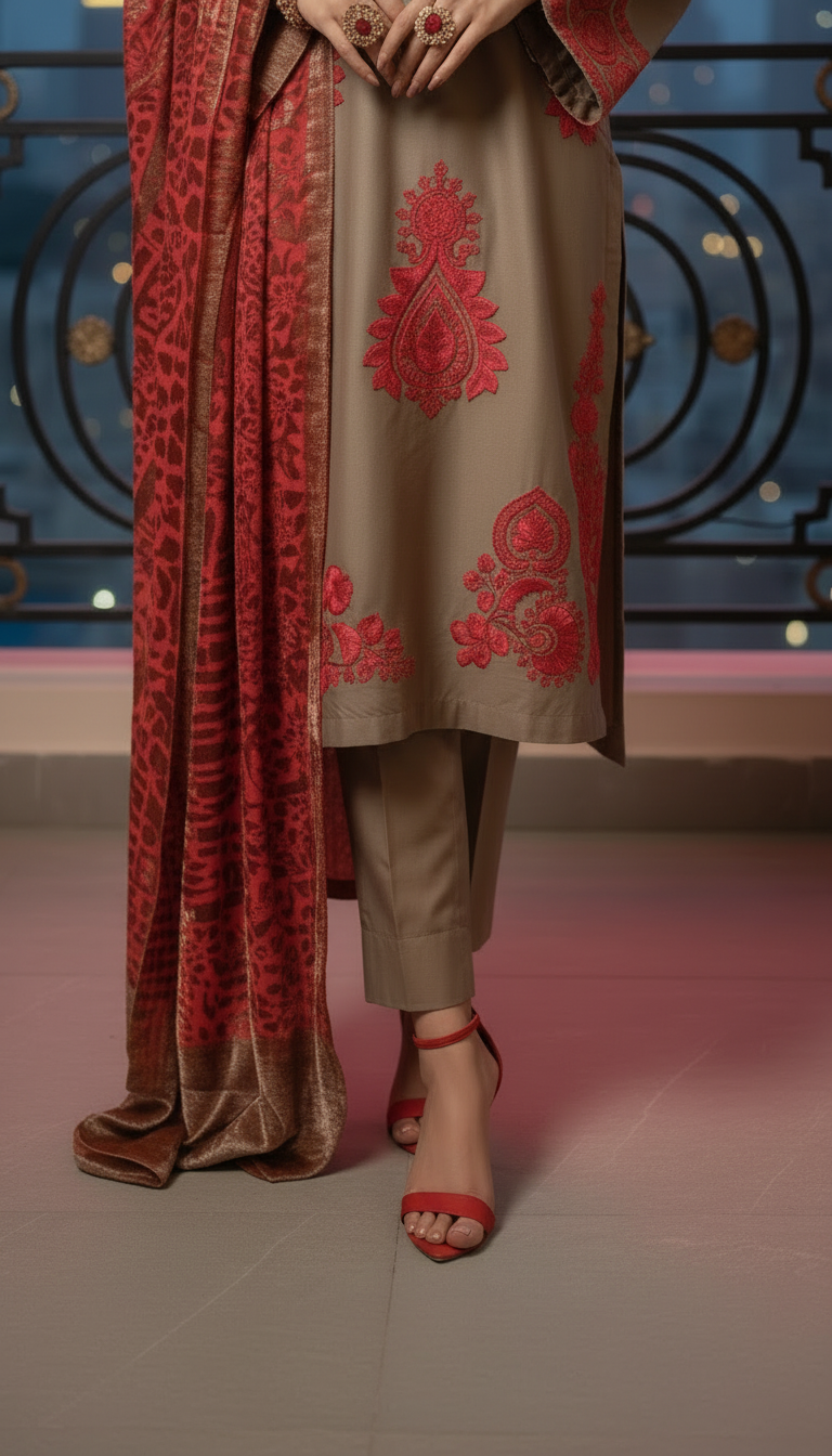 Nazneen Ready to Wear 3 Pcs Embroidered Dress with Palachi shawl