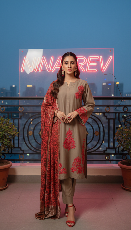 Nazneen Ready to Wear 3 Pcs Embroidered Dress with Palachi shawl