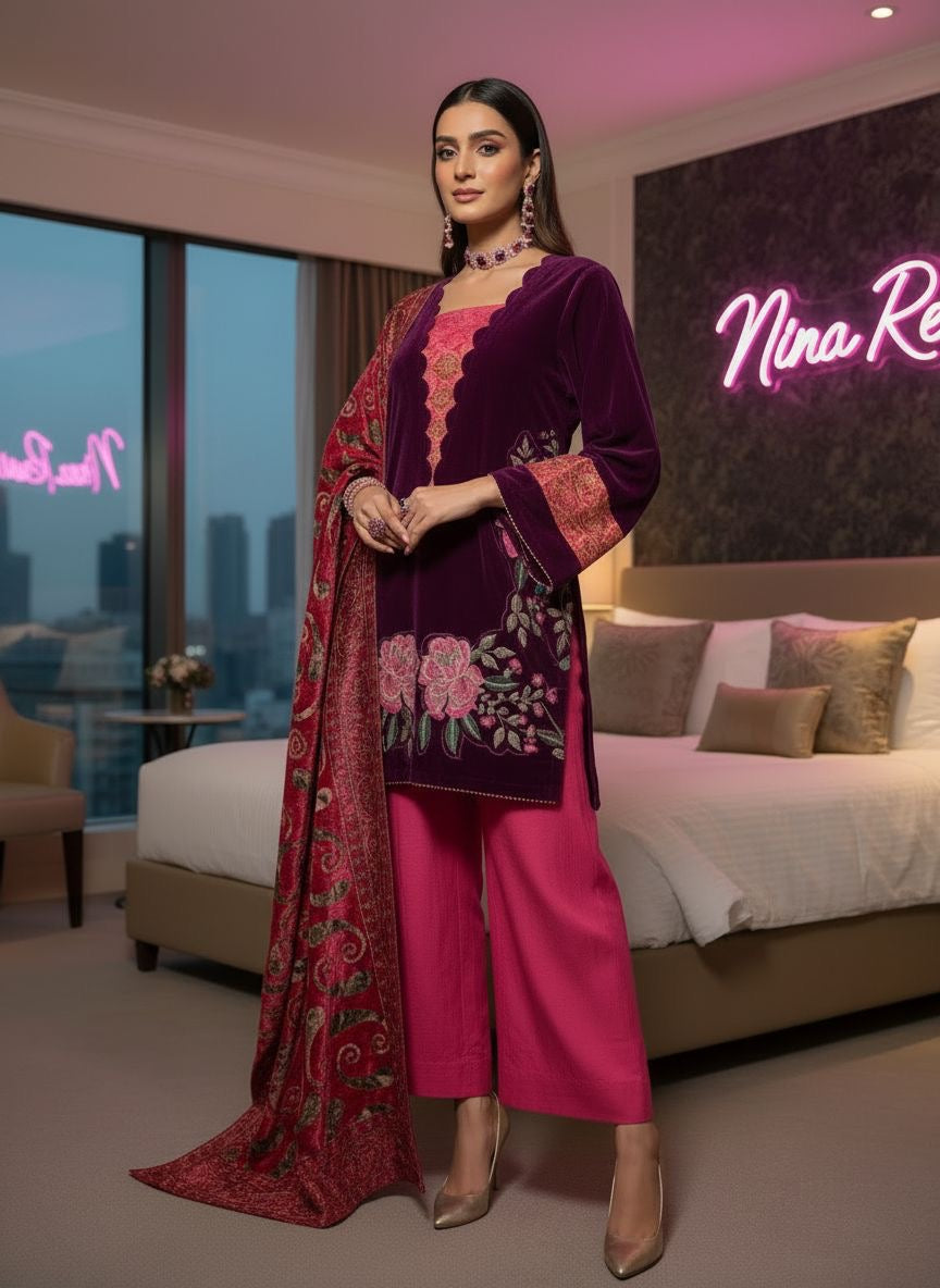 Hajra Purple Velvet Ready to Wear 3 Pcs Embroidered Dress with Palachi