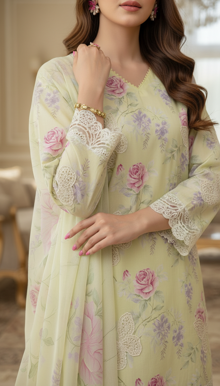 Gulzar Pale Ready to Wear 3 Pcs Embroidered Dress with Chiffon dopatta